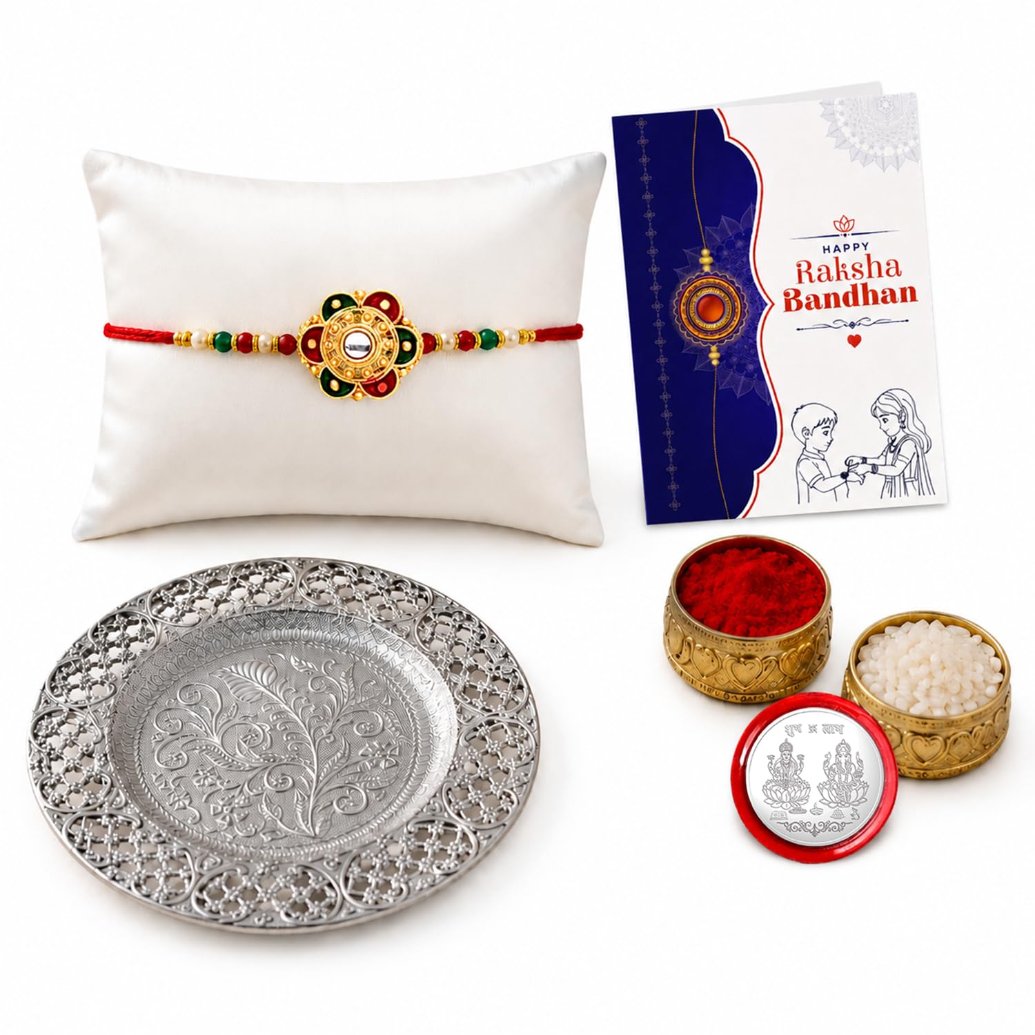 Oblivion Flower Rakhi for Brother with Pooja Thali - Raksha Bandhan Gift Set with Roli Tikka, Pooja Coin & Greeting Card | Rakhi Combo for Bhaiya thumb 1
